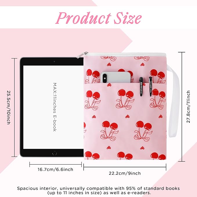 Book Sleeve with Zipper, 11''x 9'' Waterproof Paperback Sleeve for Book Lovers Books Pouch Cover with Handle for Hardcovers Kindle Sleeve for Reader Teacher Women (Red Cherries, 11x 9 inch)