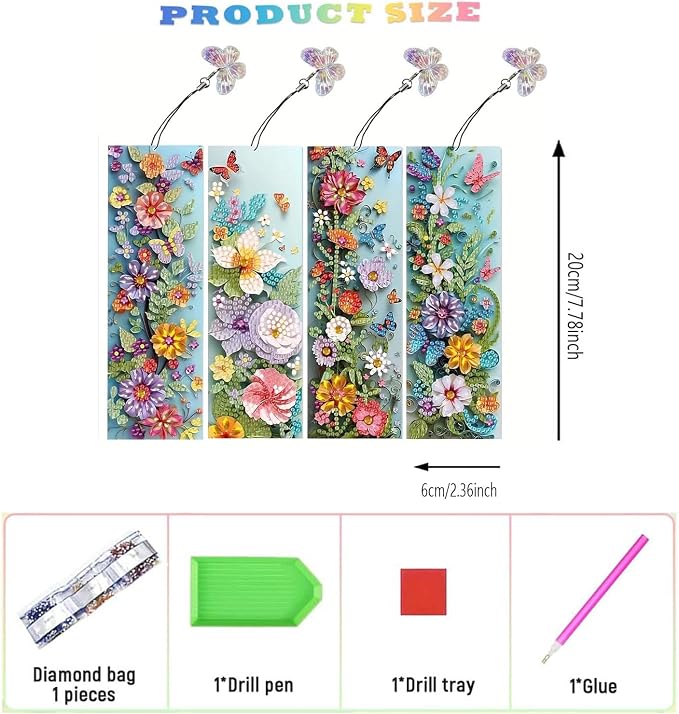 4pcs Diamond Art Bookmarks,Diamond Painting Bookmark Kits for Adult,DIY Gem Art Small Crafts with Rhinestone Tassel,Paint by Diamonds for Graduation Birthday Reader Gifts (Flower)