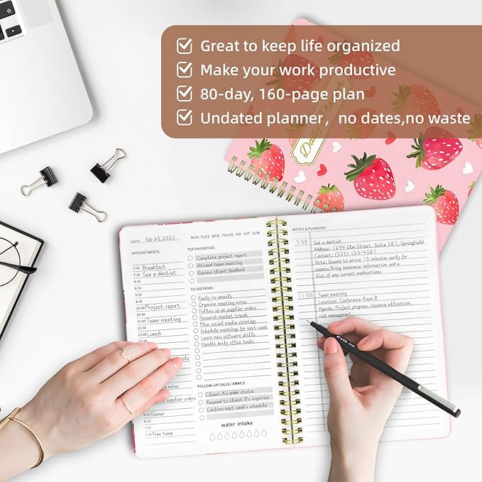Undated Daily Planner - Spiral Notebook 80 Days One Day Per Page, Hourly Schedule, To-Do List, Notes, Everyday Planning Task, A5 Hardcover Journal Organizer Book Women Cute, Strawberry