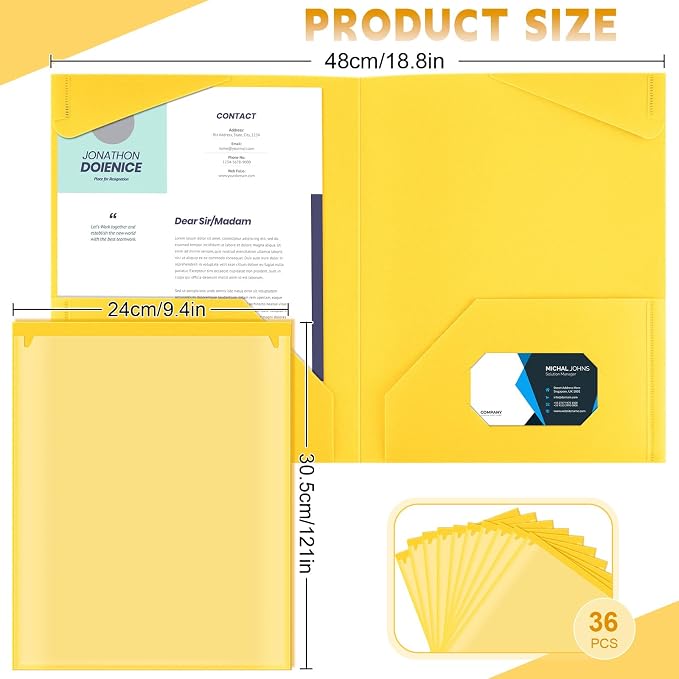 Henoyso 36 Pack Yellow Plastic Folders with Clear Front Pockets Heavy Duty File Folders with 2 Pockets and Card Slot for Student Communication School Office Presentation Report