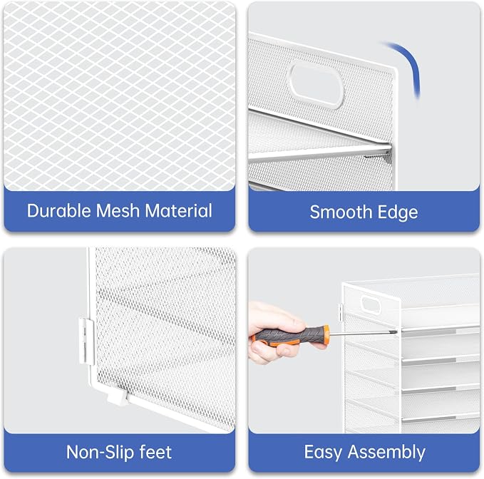 7 Tier Paper Organizer - Mesh Desktop File Holder with Handles for Office School Desk, Black (White)
