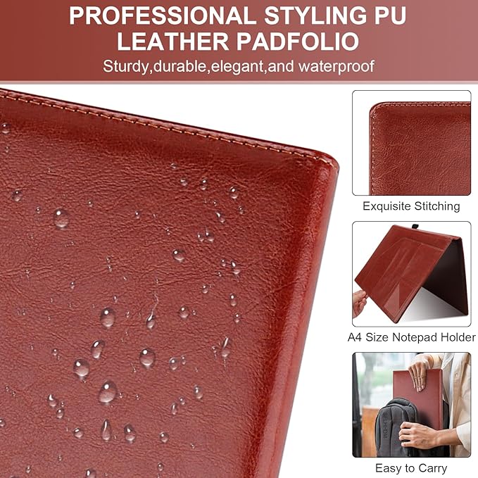 Clipboard Padfolio with Storage Pocket, Clipboard Folder Portfolio Organizer,360 Degree Foldable Clipboards with Refillable Notepad,Faux Leather Padfolio Organizer for Office School Supplies-Red Brown