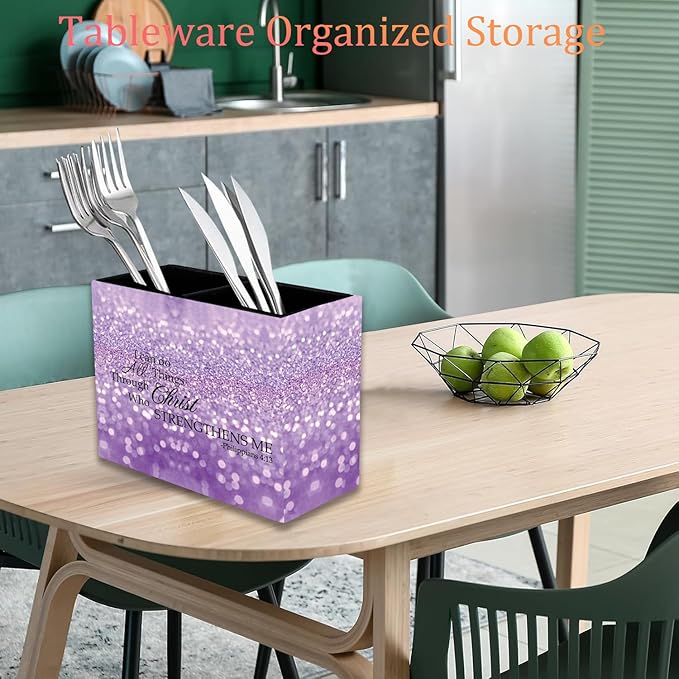 Pen Holder, Pencil Case, Makeup Brush Storage Box, Tableware Storage Box, Suitable for Office Or Home Item Organizing Stand - Purple Glitter Quote Philippians 4-13