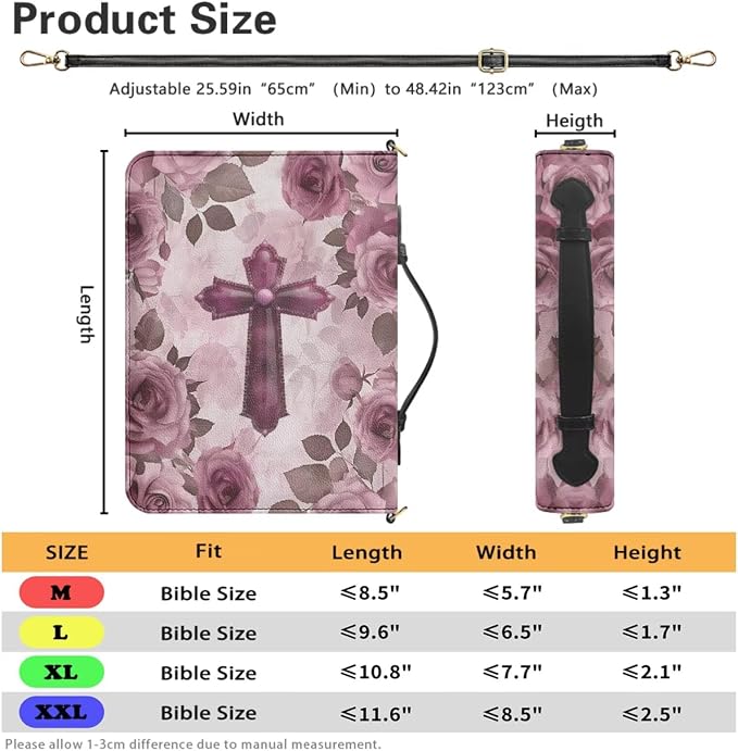 PU Leather Bible Cover,Pink Rose Print with Shoulder Strap L | Bible Cover with Strap and Handle,PU Leather Bible Protecto, Inner Pockets and Pen Loop, Bible Study Supplies for Girls