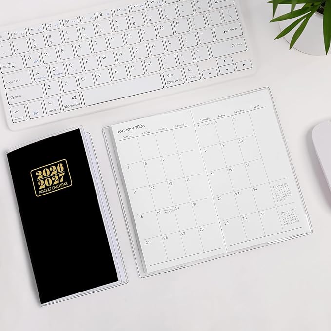 Pocket Calendar 2026-2027, Monthly Purse Planner (6.7" x 3.7") Runs from January 2026 to December 2027, Solid Black Pocket Calendar with PVC Cover for Planning, Organizing, and Office Use