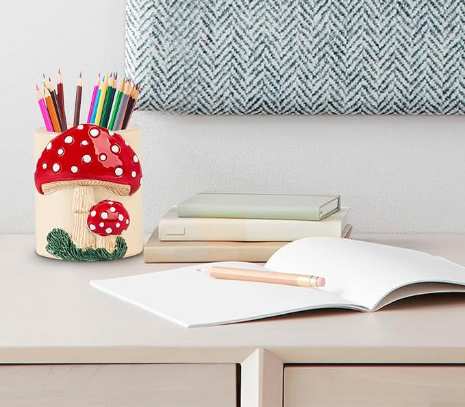 dgudgu Mushroom Resin Pencil Holder & Pen Organizer - Cute Desk Pencil Holders With Multiple Compartments