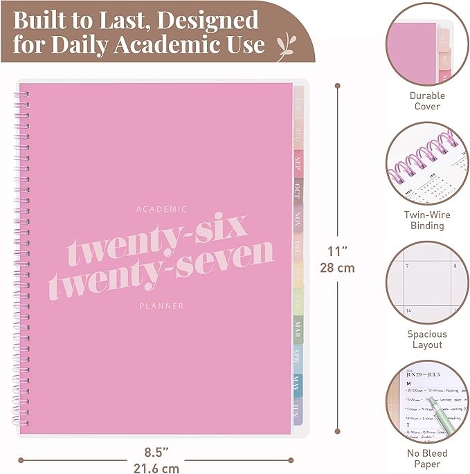 Rileys Academic Planner 2026-2027, Daily, Weekly & Monthly Planner, July 2026 - June 2027, Student Notes Pages, Twin-Wire Binding, Weekly Agenda for School & Work (8.5 x 11-Inches, Diagonal, Pink)