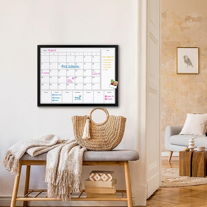 3-in-1 Dry Erase Calendar for Wall, 31.5x23.6 inches Magnetic Surface Monthly & Weekly Planner Whiteboard, Dry Erase Board with Black Wood Frame, Hanging White Board Calendar(YL+ZL-BK,6080)