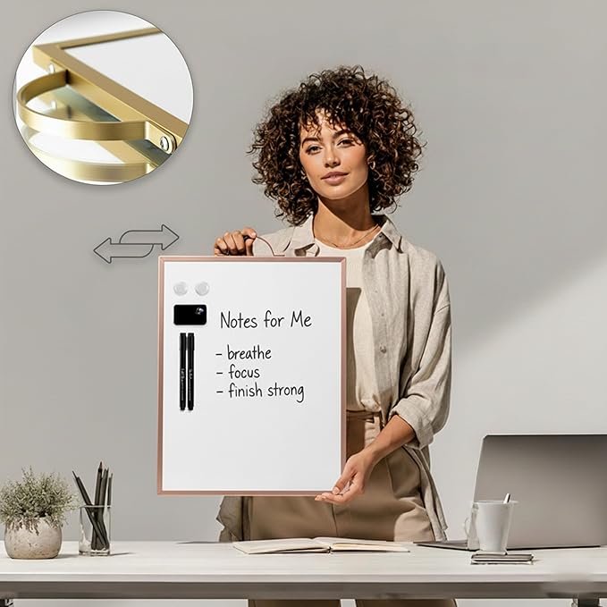Rose Gold Magnetic Dry Erase Whiteboard 12 x 16 Double Sided, Portable Small White Board with Handle, to Do List Note Board, Write and Wipe for Desk Wall, Includes 2 Markers Eraser 2 Magnets