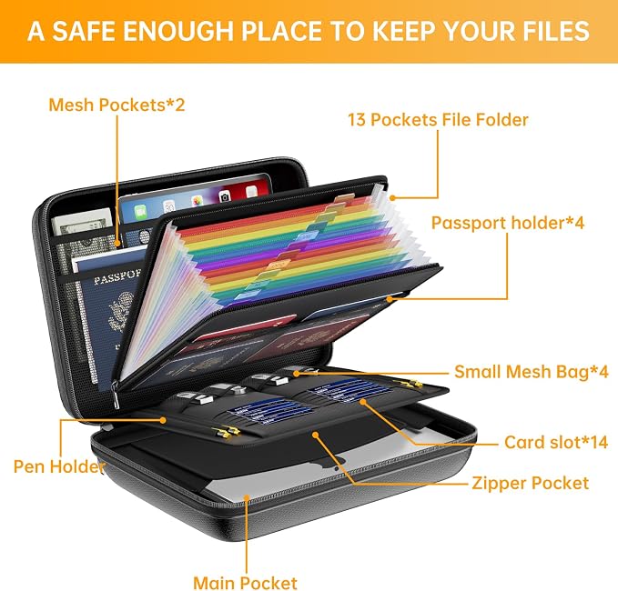 DocSafe Fireproof File Organizer with Lock, Hard-Shell Case Fireproof Document Box with 13 Pocket Accordion File Folder, Portable Home Office Travel Safe Storage for Important Documents Laptop Black