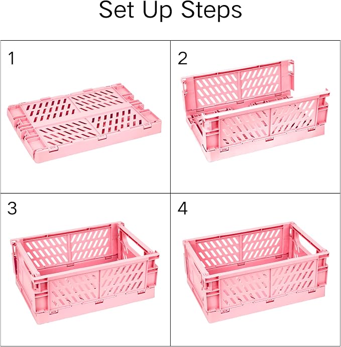 2 Pack Plastic Storage Collapsible Crate Organizer Basket Bin for Organizing Desk Drawer Shelf for Home Kitchen Bedroom Bathroom and Dorm Storage, 9.8x6.5x3.8in, Pink