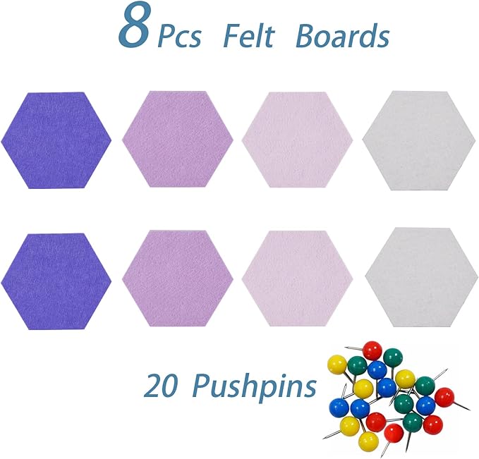 8Pcs Hexagon Felt Cork Board Tiles Self Adhesive Bulletin Board, Pin Board for Wall Decor Memos Photos Display (Set F)