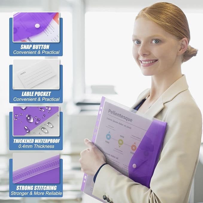 Binder Pocket Organizer Folders, 12 Pack Expandable Files Bag Plastic Envelopes Binder Folders with 11 Holes for 2/3/4 Ring Binder, Document Pouch with Snap Button and Label for School Office Home
