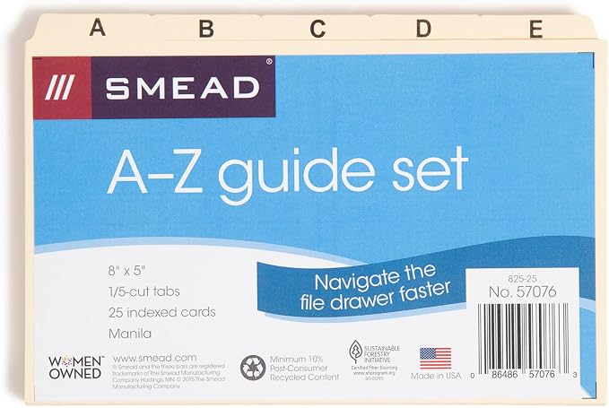Smead Card Guide, Plain 1/5-Cut Tab (A-Z), 8"W x 5"H, Manila, 25 per Set (57076)