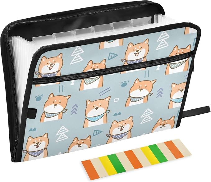 Cartoon Shiba Inu Dog 13 Pockets Expanding File Folder with Sticky Labels Accordion File Folder Document Organizer Letter Size A4 Papers Expandable File Keeper