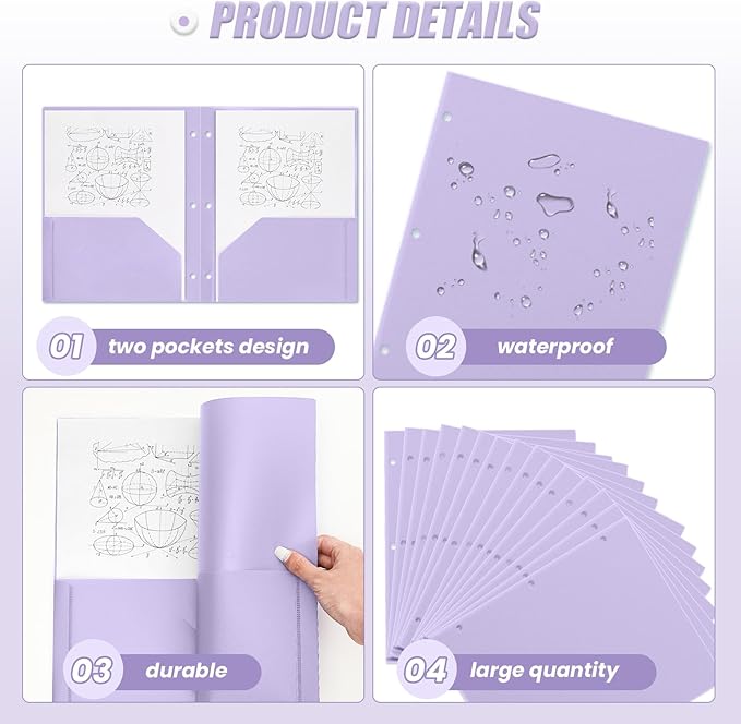 Yeaqee 100 Pcs Plastic Folders with Pockets Bulk 3 Hole Punched 2 Pocket File Folders for 3 Ring Binder Divider Folder for Notebooks, Durable Poly for Office Home (Light Purple)
