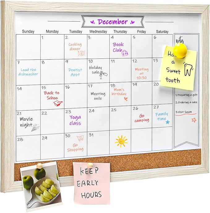 Dry Erase Calendar Whiteboard for Wall, Small Combination Magnetic Dry Erase White Board & Bulletin Board, 13" x 17"，White Frame Calendar/Cork Combo Board(WH-3343)