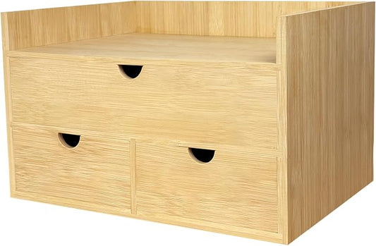 Bamboo Desk Organizer with 3 Drawers and Shelf, Desktop Drawers Wooden Storage Box 13.4 x 7.3 x 8.1 Inches Countertop Organizer for Office Supplies, Solid Wood Drawer No Assembly Required