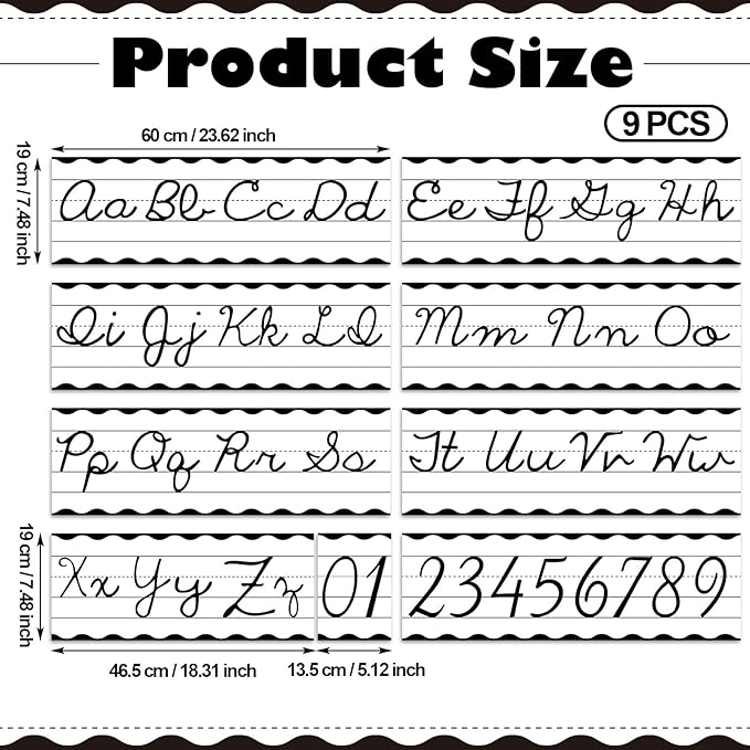 Set of 9 Cursive Writing Bulletin Board Cursive Alphabet Wall Strip for Teacher Supplies, Classroom Teaching Tool, Homeschooling, Kids Education (Classic Black)