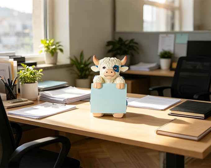 Highland Cow Sticky Note Holder with 100 Sheets 3x3 Pop-Up Notes, Handmade Resin Highland Cow Desk Decor for Office, Home & Classroom, Gift for Women, Teachers & Coworkers - Blue
