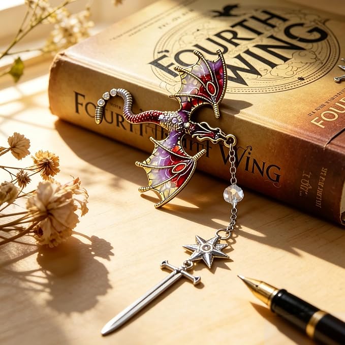 Fourth Wing Bookmark with Sword and Red Dragon-Fantasy Antique Tassel Metal Pendant, Vintage Red Bookmarks for Reading Lovers Women, Men, Teachers and Students, Christmas Birthday Gifts