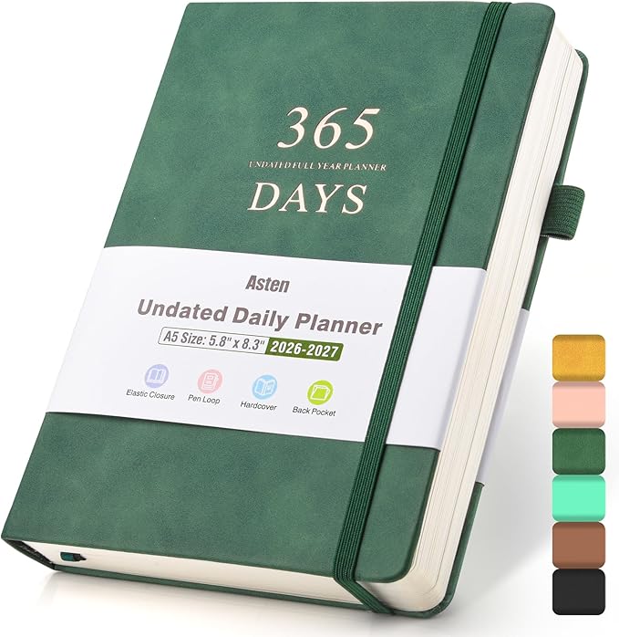 Asten Planner, Undated Daily Planner with To Do List, 365 Days Planner for ADHD, Hourly Planner Notebook for Goal Setting, Productivity Organizer with Calendar, 8.3'' x 5.8''(Green)