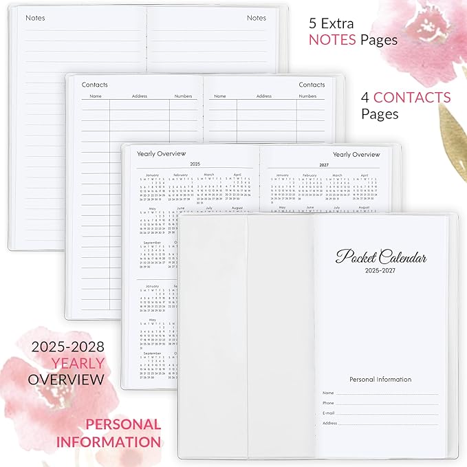 Pocket Calendar 2025-2027, Floral Pocket Calendar -3.7" x 6.7" - Runs from July 2025 until December 2027, Calendar Planner for Purse with PVC Cover for Planning, Organizing and Office