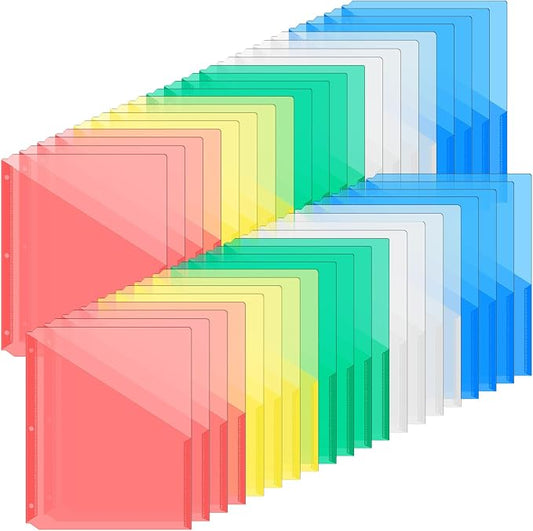 Maitys 100 Pack Binder Pockets 3 Hole Punch Clear Plastic Document Folders Binder Organizer Store Letter Size 8.5x11 Inch Paper Folders with Pockets Slash File Jacket for Office (Fresh Color)