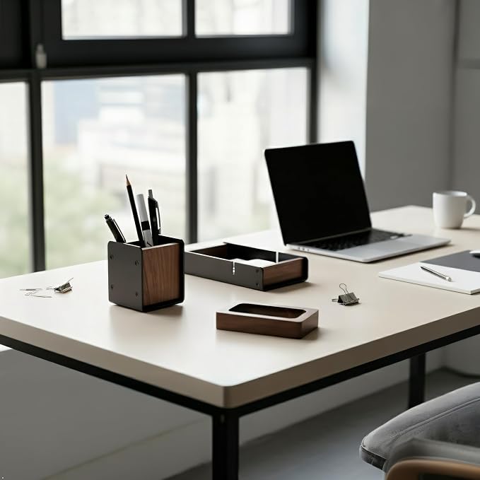 Walnut Desk Tray with Pen Holder Set, Solid Wooden Desk Drawer Organizer for Keys, Pen, Watch, Airpods, Earbuds, Cool Valet Tray for Men