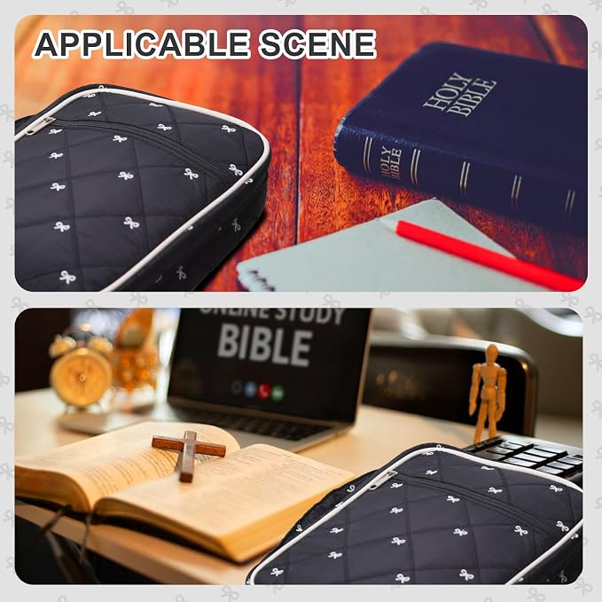Large Bible Cover Case for Women, Journal Study Supplies Kit Bible Bags for Women, Quilted Carrying Book Covers Church Bag for Mens Included Bible Accessories-Black