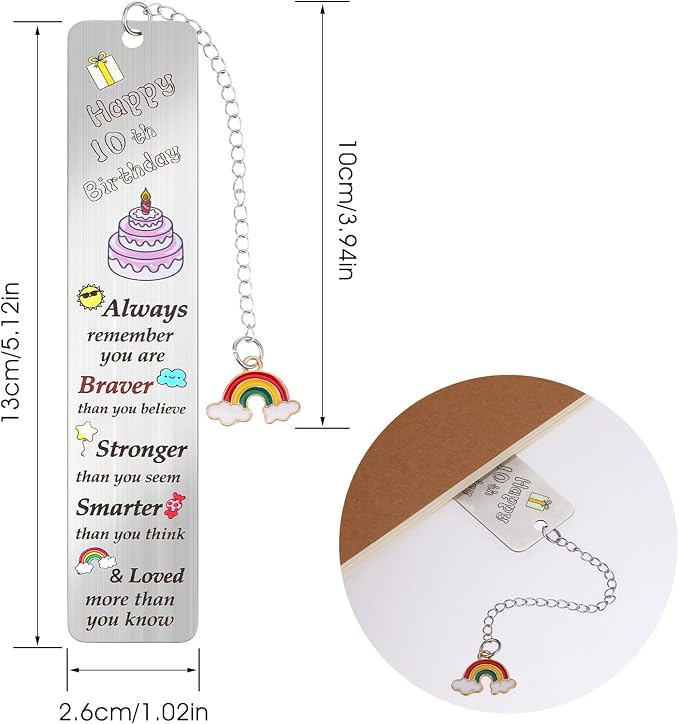 10th Birthday Gifts Inspirational Bookmarks Encouragement Happy 10th Birthday Present for Daughter Son, 10 Year Olds Birthday Rainbow Keepsakes for Niece Nephew Gifts (10th)