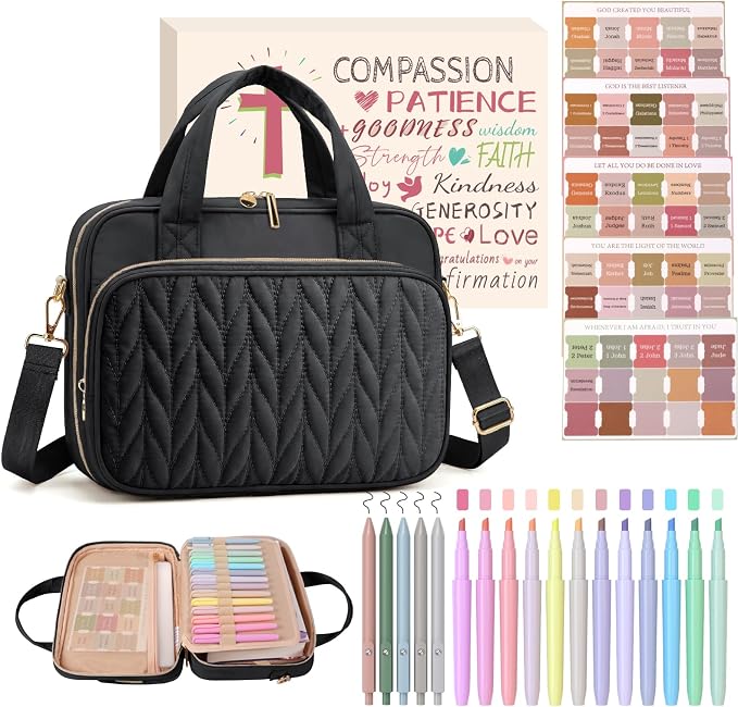 BellaHold Bible Cover Case for Women, Large Bible Bag with Study Supplies, Bible Journaling Kit with Highlighters and Pens No Bleed, Christian Gift for Women (Shoulder Strap, Black)