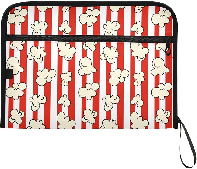 Popcorn Red White Striped File Folders,Plastic Folders with 13 Pockets,Expandable File Folder for Documents School Students Office,Aesthetic Folder with Labels A4 Letter Size