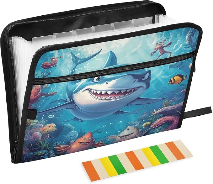 Cartoon Shark in Ocean Accordion File Organizer Expanding Document Folder with 13 Pockets Portable File Folder for A4 Letter Size