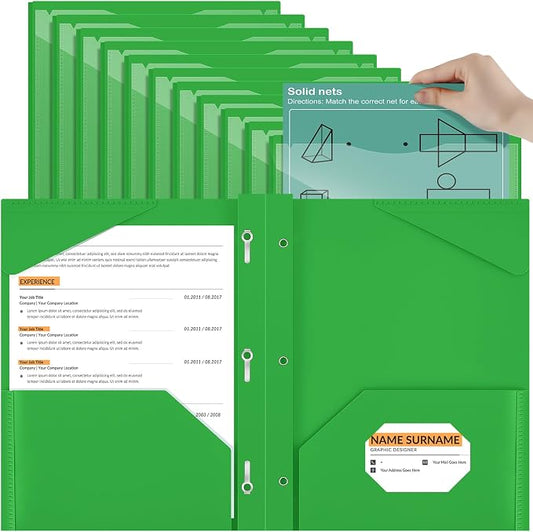 Henoyso 18 Pcs Plastic Folder with Clear Front Pocket and 3 Prong Plastic Folders with Card Slot Pocket Folders with Prongs for School Office (Fresh Green)