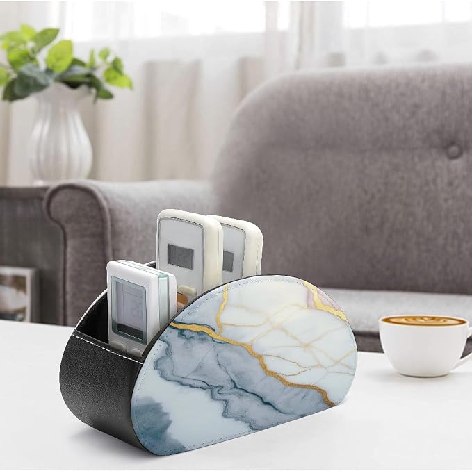 White Gold Marble Texture Remote Control Holder with 5 Compartments Leather TV Remote Caddy Remote Storage Box Desktop Organizer for Pen/TV Remotes/Media Controllers/Office Supplies