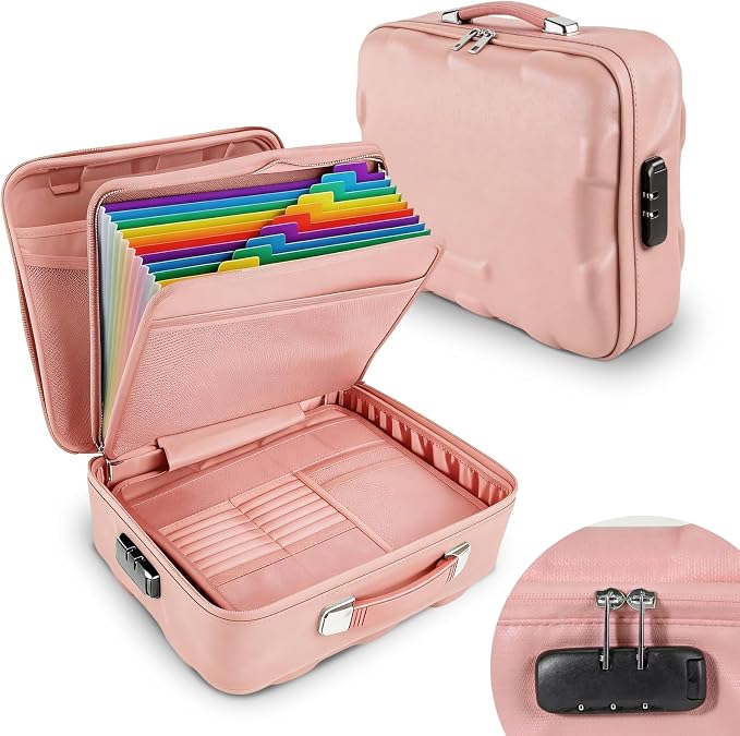 Fireproof Document Box, Hard Case Fireproof File Organizer Box with Lock and 13 Pocket Accordion File Folder, Portable Safe Box for Office Storage Important Documents (Pink)