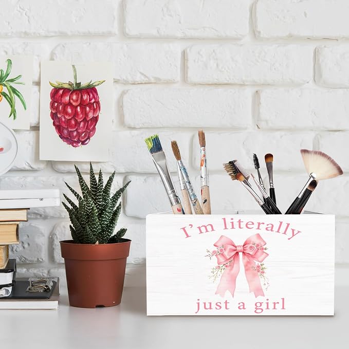 Pink Rose Coquette Bow Pen Holder for Desk, Preppy Girly Bow Pencil Organizer, I'm Literally Just a Girl Wooden Box Sign Desk Decor for Girls Bedroom Dorm Home Office Decoration