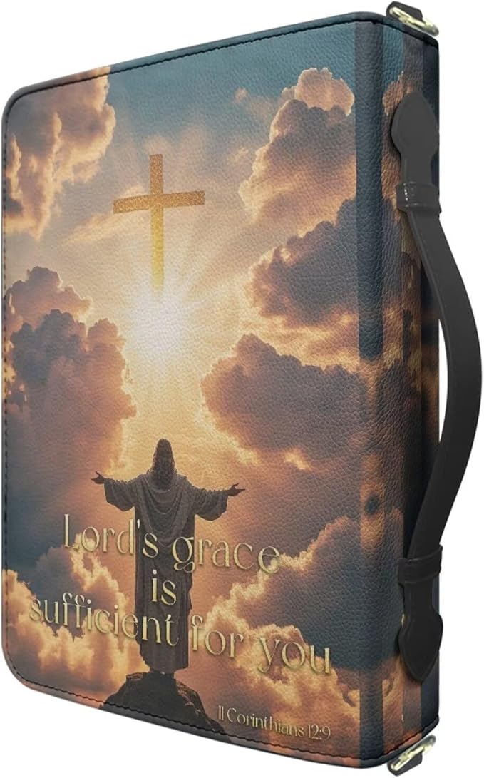 Medium PU Leather Bible Cover for Boys, Kids Bible Case with Strap and Handle, II Corinthians 12:9 Crucifix Print Book Protecto with Inner Pockets and Pen Loop, Biblia Study Supplies, Gold