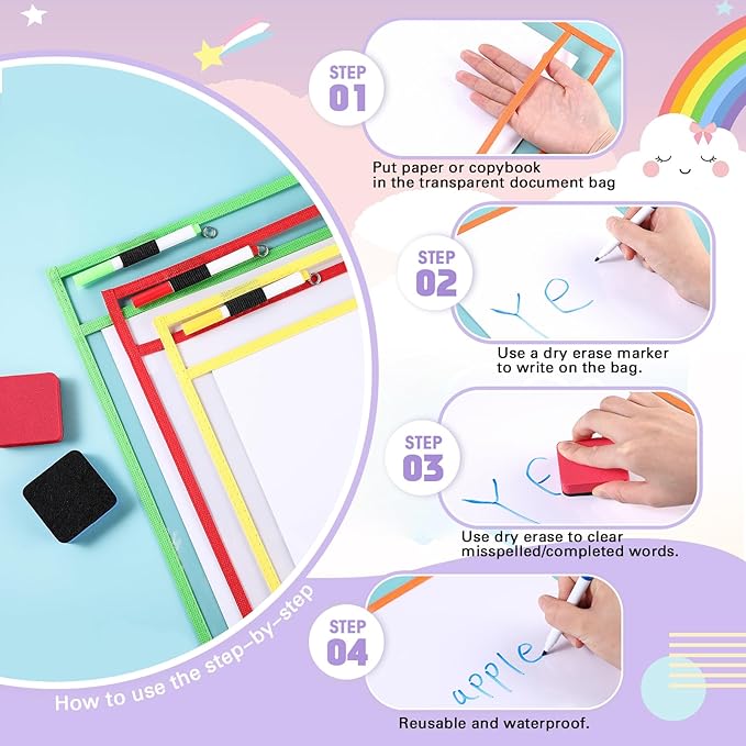 24 Pcs Dry Erase Pocket Reusable Sleeves 10" x 14" Clear Plastic Sheet Protectors with Markers and Mini Dry Erasers for Paper(Rainbow)