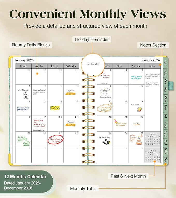 2026 Planner, Hardcover Weekly and Monthly Planner for Women, January 2026 - December 2026, Spiral Yearly Agenda Organizer Book 2026 with Tabs, Daily Calendar Planners for School Work Home, A5 (5.75" x 8.38"), Teal Marble