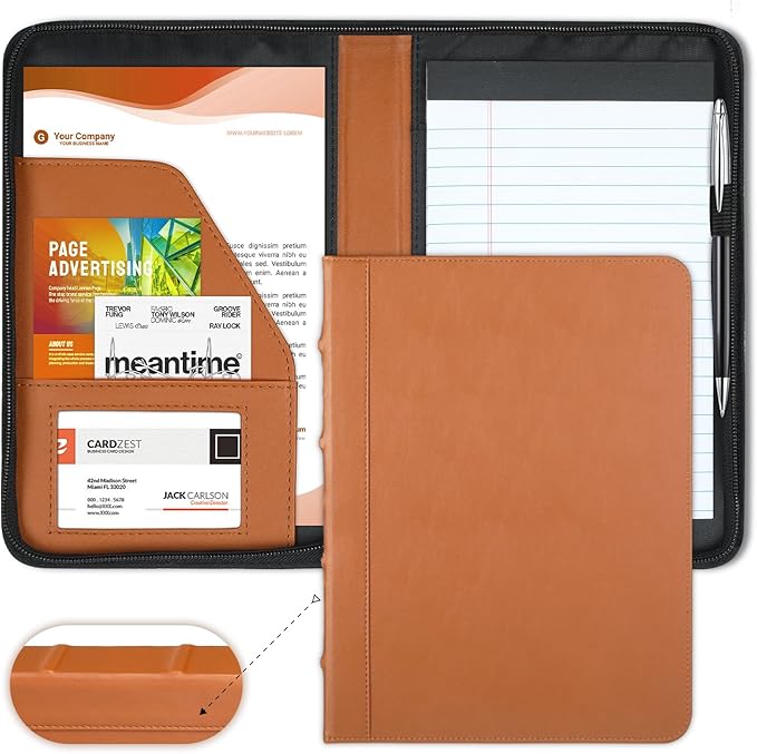 Small Portfolio/Zippered Padfolio Binder, Book Style Hardback Design, Business & Interview Portfolio Organizer, 5 x 8 Writing Pad Included, Brown