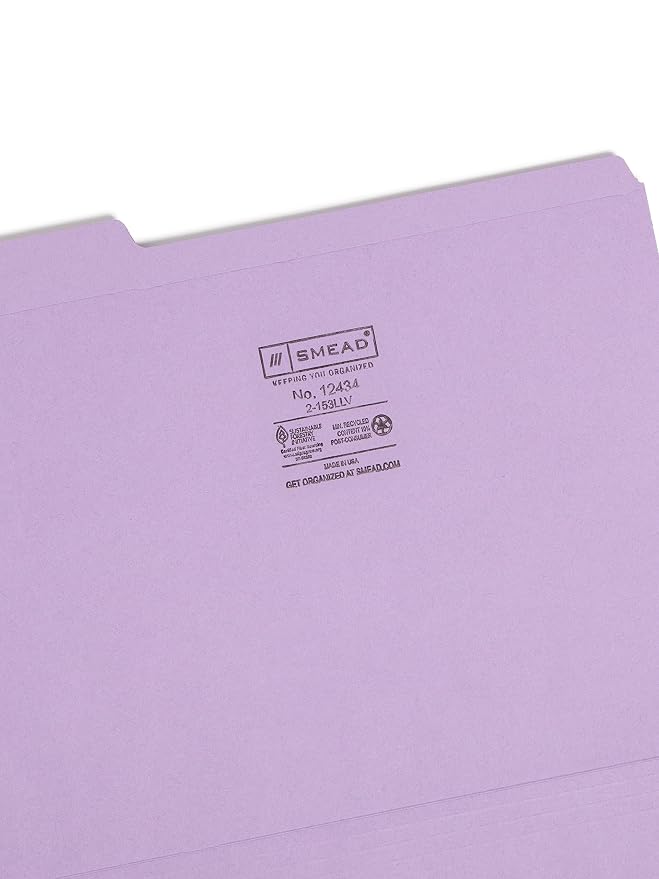 Smead File Folder, Reinforced 1/3-Cut Tab, Letter Size, Lavender, 100 per Box (12434)