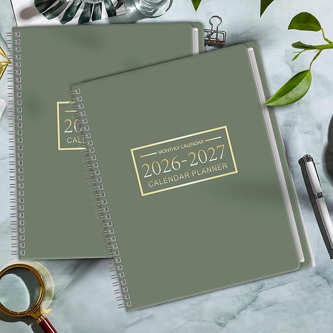 Monthly Planner 2026-2027, 2 year calendar 2026-2027 Calendar Book from Jan 2026 - Dec 2027 with Waterproof PVC Cover, 9'' x 11'', Organize Schedule for School, Office, Family,Army Green