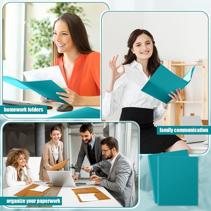 Gueevin 100 Pack Plastic Folder with Pockets, 2 Pocket Folders, Plastic Glossy Folders Fit Letter Size Paper, Heavy Duty Durable File Folder with Business Card for Home Office School (Turquoise Green)
