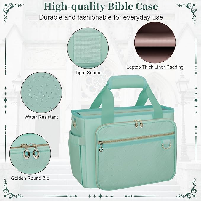 Large Bible Cover Case for Women, Bible Cover with Book Sleeve, Thick Padded Bible Case, Working Bible Tote Bag with Laptop and Bottle Pockets, Church Bag, Bible Bags for Women, Girl, Green