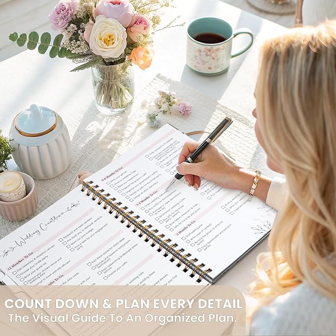 Boho Wedding Planner Book and Organizer, Bridal Wedding Planning Binder with Tabs, Pockets, Checklists, Calendars, Engagement Gift for Newly Engaged Couples, 8x10.8"