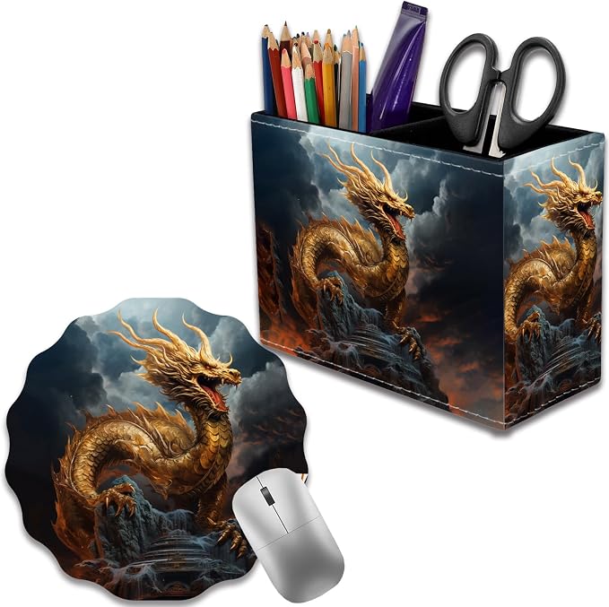 Pen Holder for Desk, PU Leather Multifunctional Desktop Storage Box and Anti-Slip Mouse Pad Set, Makeup Brush Holder Pen Organizer for Office and Home - Golden Dragon