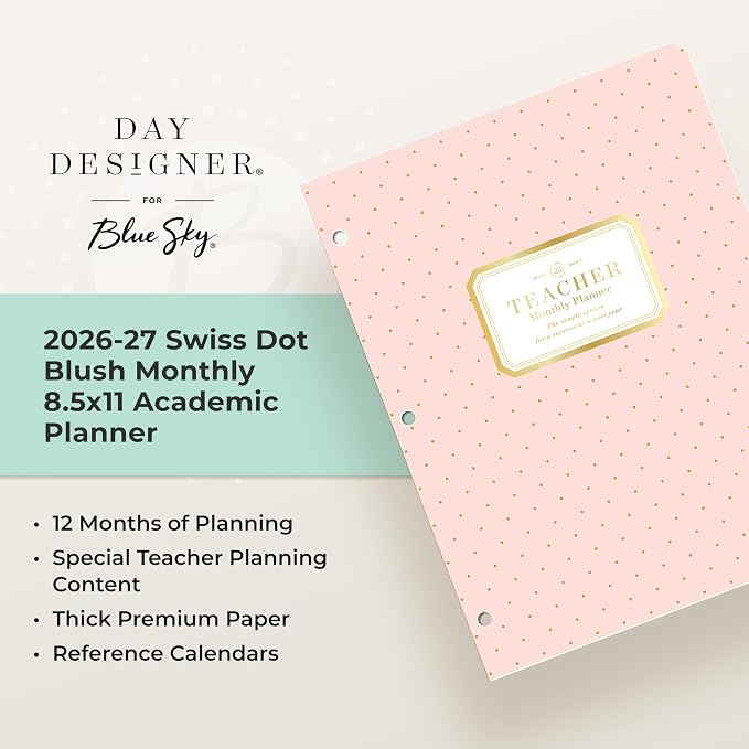 Blue Sky Day Designer 2026-2027 Monthly Academic Year Teacher Planner Calendar, July 2026 - June 2027, 8.5" x 11", Coated Paper Cover, Stapled Binding, Swiss Dot Blush