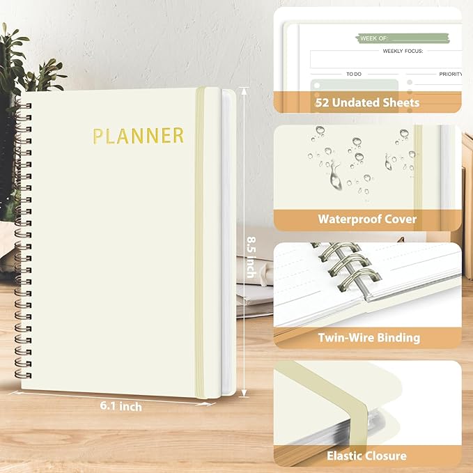 Undated Weekly Planner, Weekly To Do List Notebook with Goal, Organizer & Habit Tracker, A5 Daily Planner with Spiral Binding, Ideal for Office School Suppies